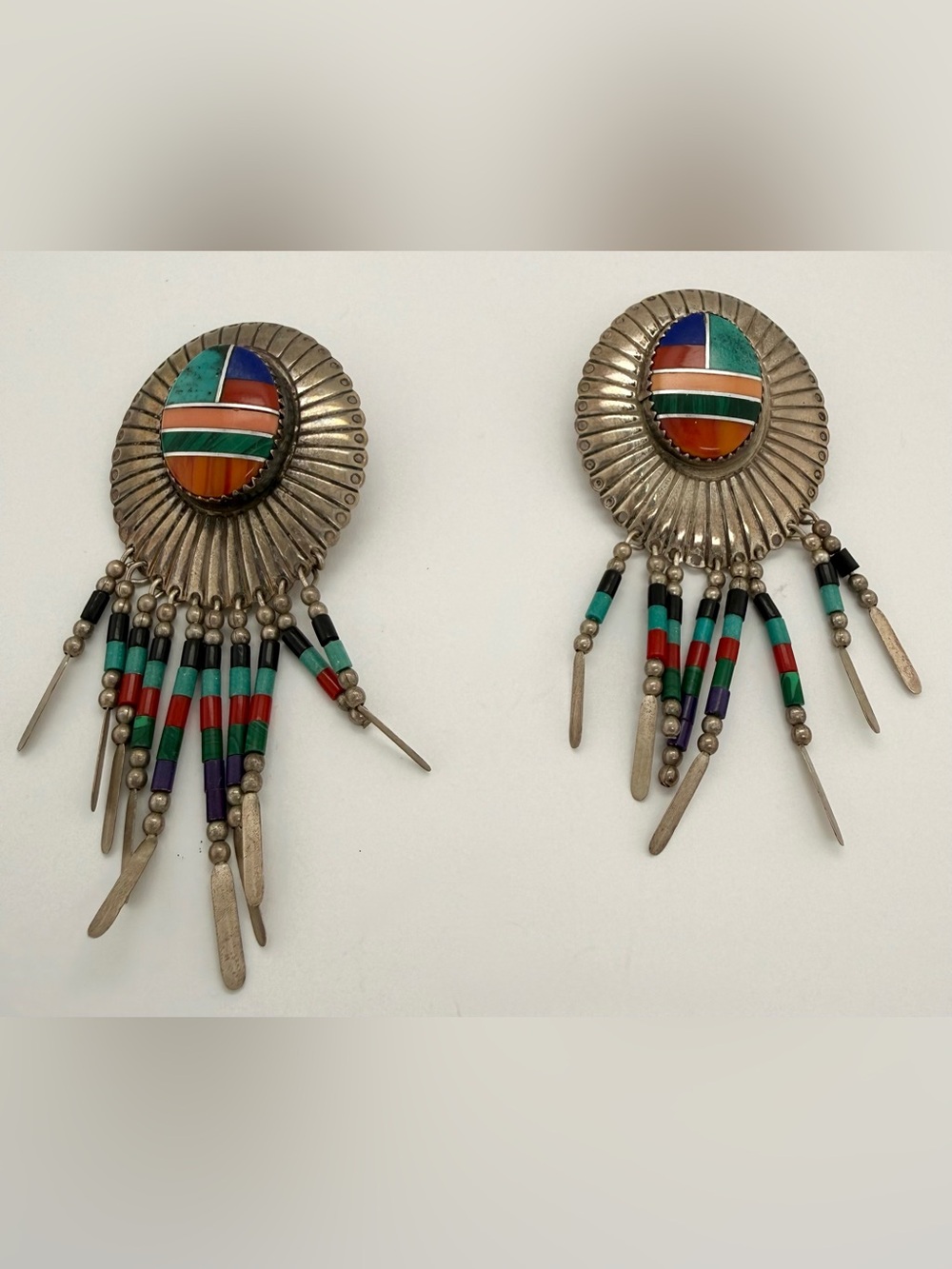 Vintage BIG Zuni Taxco Sterling Silver 9.25 Turquoise Coral Dangle Earrings
